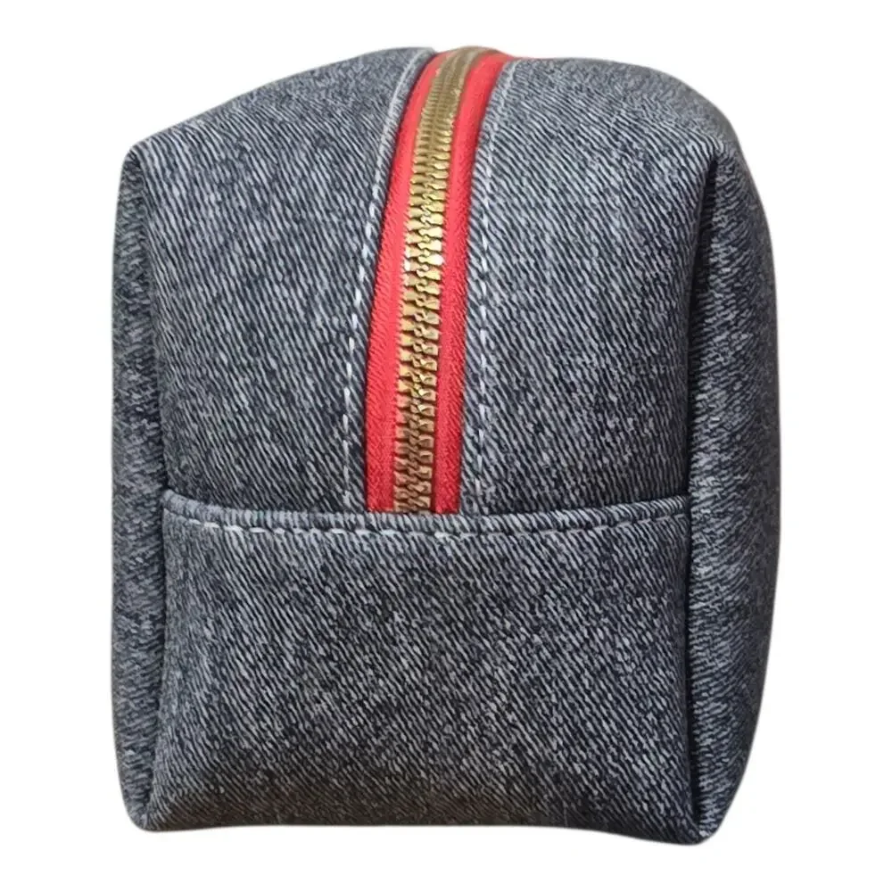 True Religion Black Heather Denim Canvas World Patch Cosmetic Travel Bag NWT